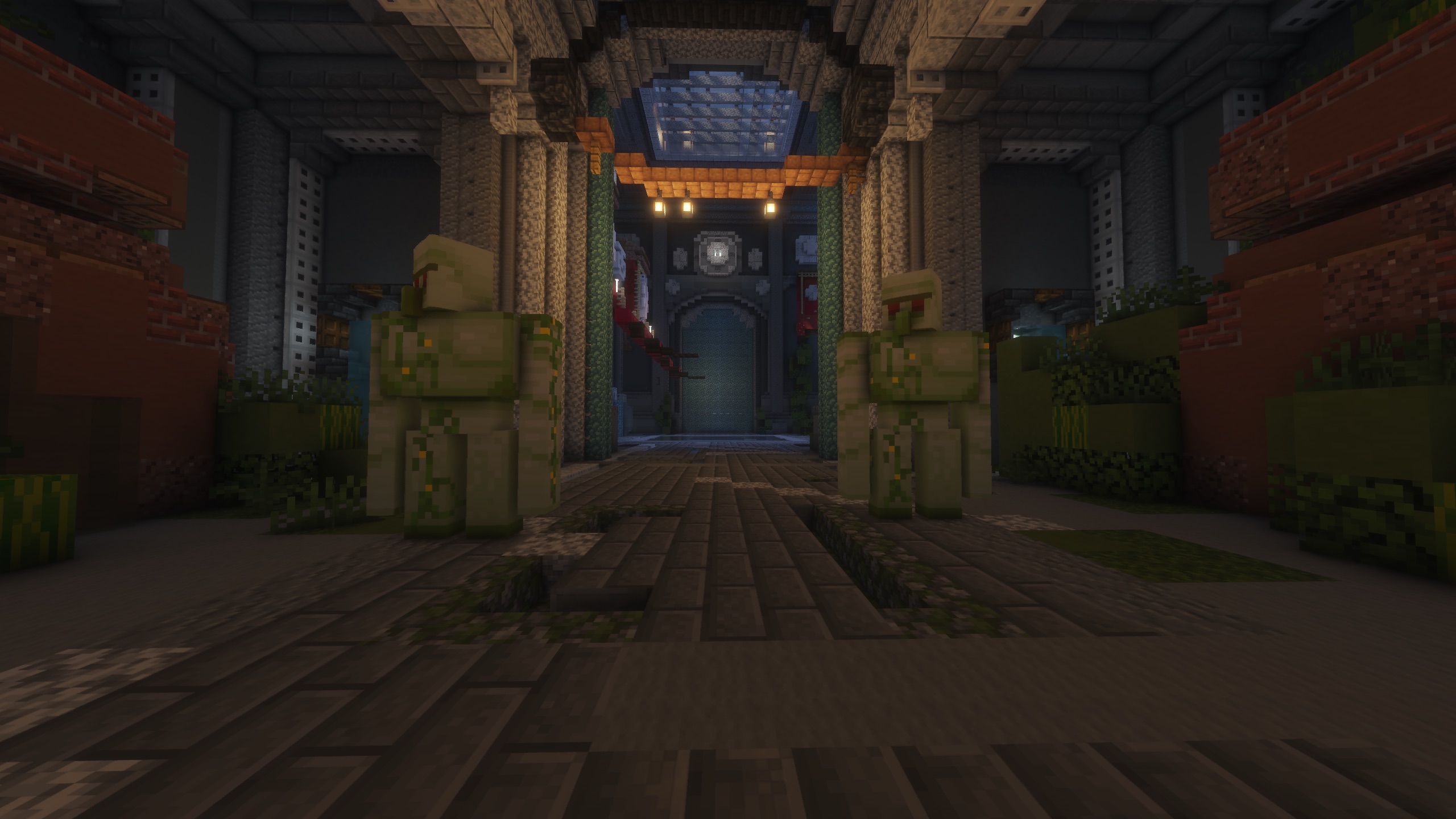 Two Reinforced Golems standing in the Daily Dungeon entrance corridor