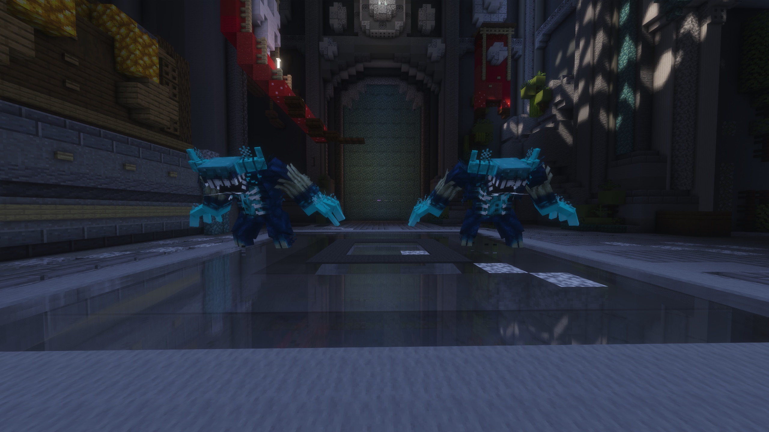 Two Mega Wardens standing in the Daily Dungeon corridor