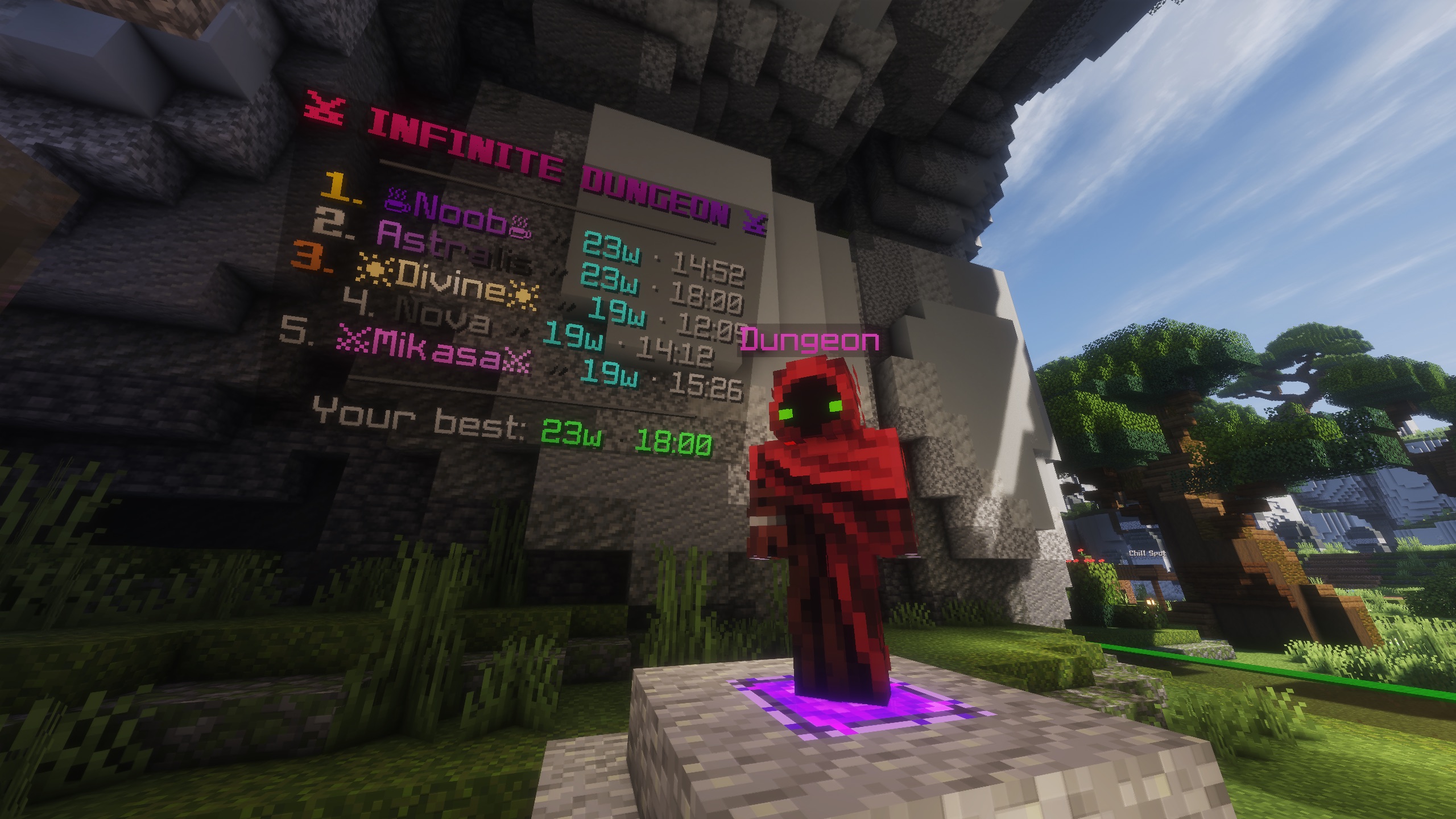 Dungeon NPC beside the Infinite Dungeon leaderboard at Spawn