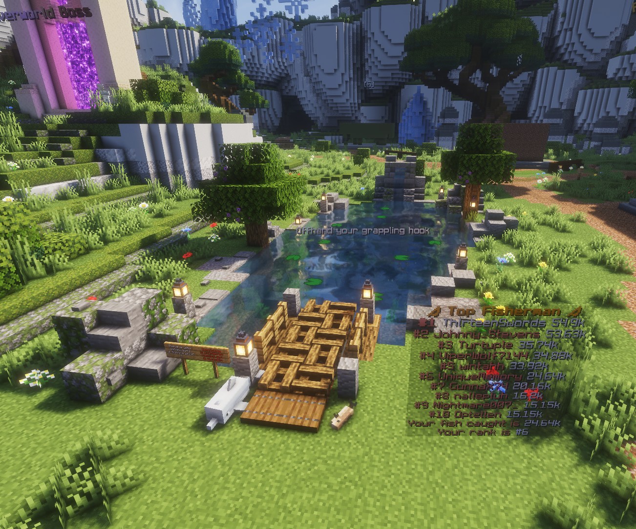 The Overworld fishing pond with fishing leaderboard and NPCs.