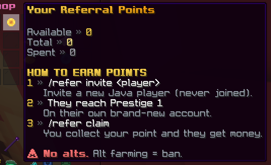Referral NPC information menu showing Referral Points and how to earn them.
