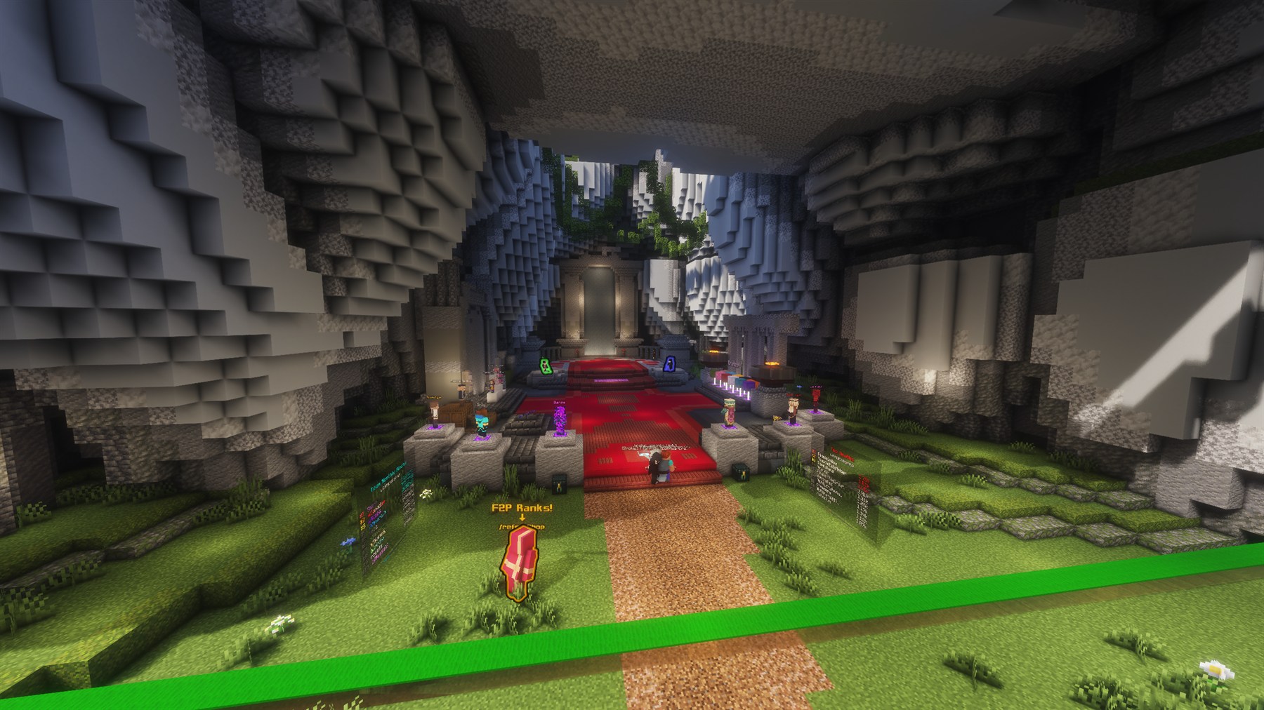 Wide view of the Overworld Spawn area with NPCs, crates, and leaderboard boards near the exit.