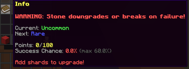 Reforge GUI information book showing stone upgrade points and success chance
